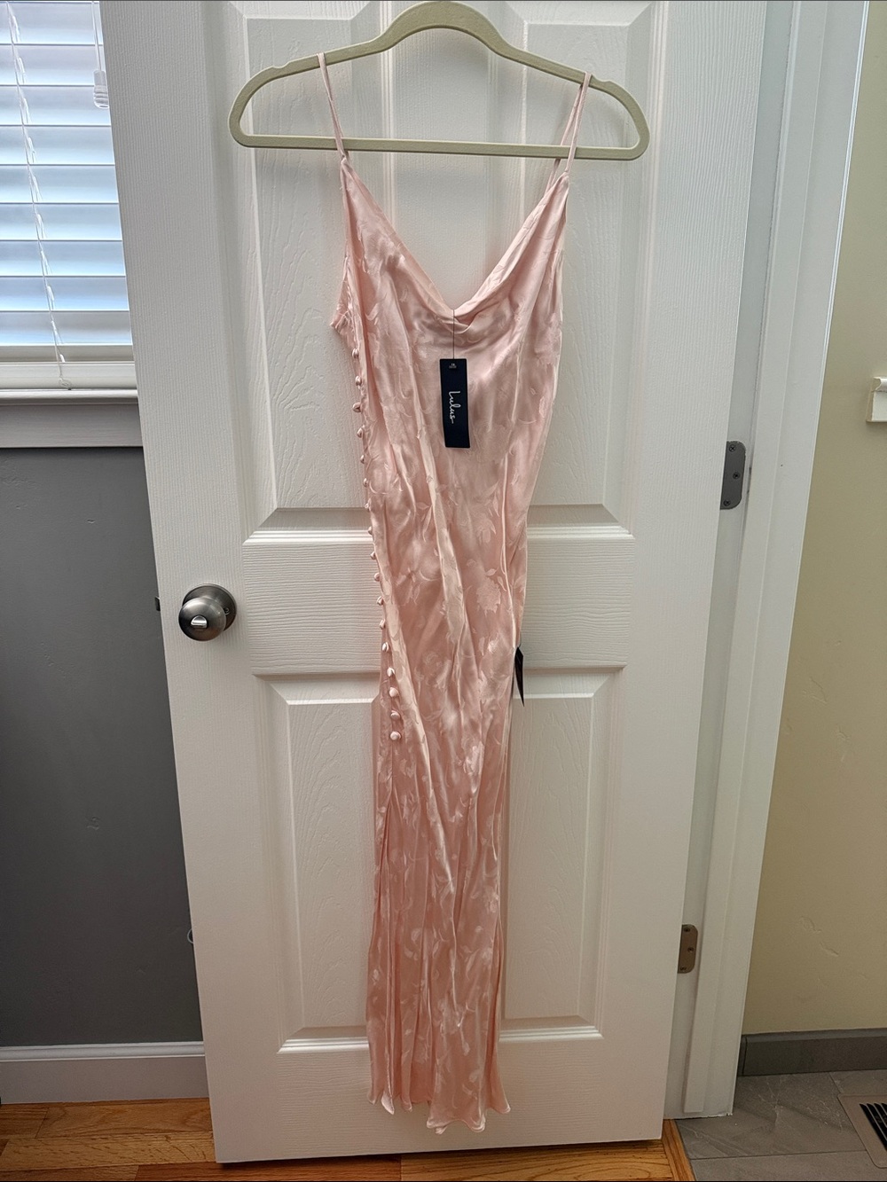 Lulu's Blush Pink Satin Cowl Slip Dress with Side Button Detail